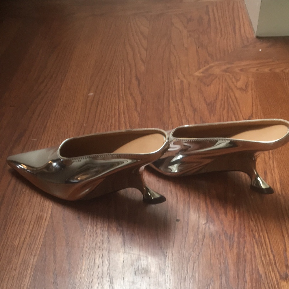 Silver mules in kitten heel